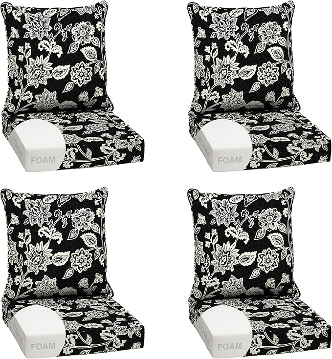 Arden Outdoor Foam Deep Seat Cushion Set (4-Pack), 24x24, Premium High-Density Foam, Never Flattens, Weather-Proof for Patio Chair Sofa Couch, Ashland Black Jacobean