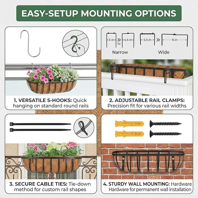 4 Pack 36" Railing Planter Window Box with Coco Fiber Liner Horse Trough Planter The Railing Planter Boxes for Deck Porch Fence Outdoor