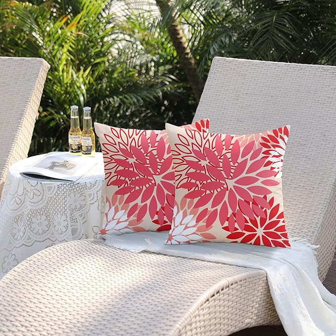 DFXSZ Red Pink Flower Pillow Covers 18x18 Inch Set of 2 Valentines Day Pillow Cases Outdoor Waterproof Decor for Living Room Sofa Patio Funiture Garden Floral Polyester pillowcovers 012G18