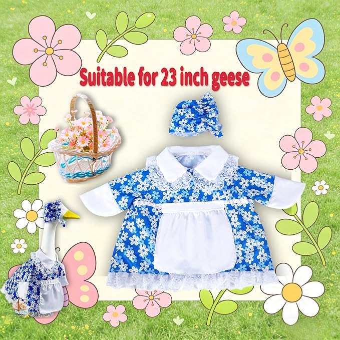 Spring Goose Outfit Flower Porch Goose Clothes for 23" Cement Statue Goose Costume with Daisy Skirt Outdoor Patio Yard Lawn Art Decoration(Blue)