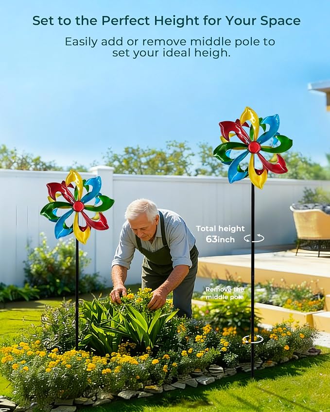 Rainbow Wind Spinner for Outdoor, 13" D Colorful Kinetic Garden Spinner with Smooth Silent Motion, Adjustable Height & Stable Ground Stake for Yard Patio Flower Bed Decor