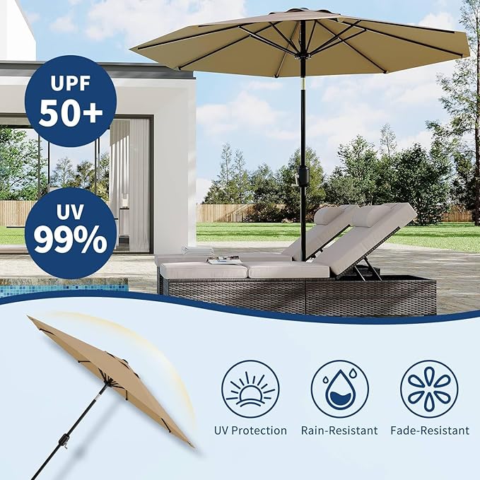 Garvee 10 ft Patio Umbrella - 8 Sturdy Ribs Outdoor Table Umbrella with Crank Lift & Push Button Tilt - Market Umbrella for Pool, Deck, Yard, Garden - Tan