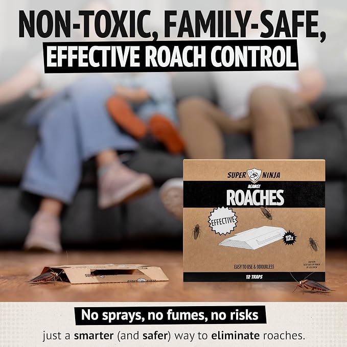 Super Ninja Roach Traps Indoor – 12 Pack, Roach Killer Indoor Infestation Control, Safe & Toxin-Free Cockroach Trap with Food Attractant, Nature-Friendly Pest Solution for Home, Garage & Shed