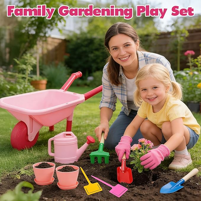 CUTE STONE Kids Gardening Tool Set, Pink Wheelbarrow with Garden Toys with Watering Can, Gloves, Hand Rake, Shovel, Trowel, Outdoor/Indoor Pretend Play Toys for Toddlers Boys Girls Age 3+