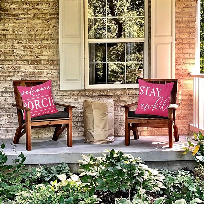 TAJWE Pink Outdoor Pillow Covers Waterproof 18x18 Set of 2 Decorative Welcome to Our Porch Stay Awhile Cushion Cases for Patio Furniture Sofa Couch Decor