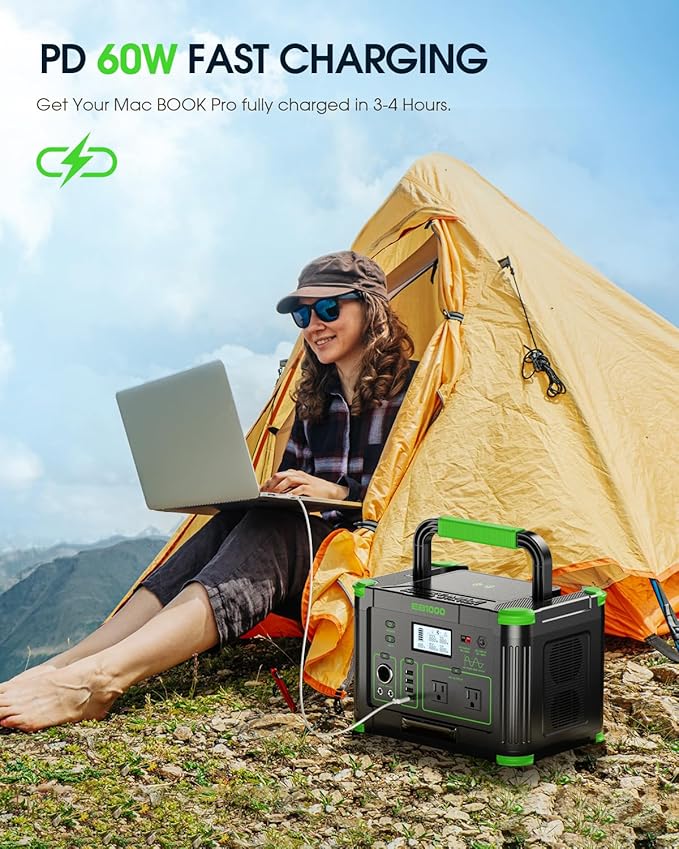 999Wh Solar Generator 1000W (Peak 2000W), Portable Power Station with Pure Sine Wave AC Outlet, 60W USB-C PD Fast Charging, 10-Port Hub for RV Camping, Home Backup, Emergency & Off-Grid Living