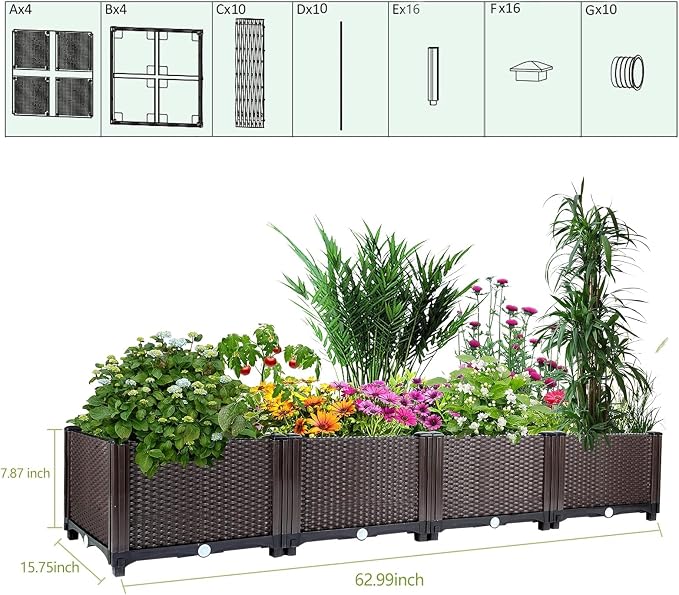 Garvee 63"x16"x8" Large Outdoor Raised Planter Box, Self-Watering Rectangular Garden Bed with Drainage Plug, Deep Elevated Planter for Patio, Balcony, Deck