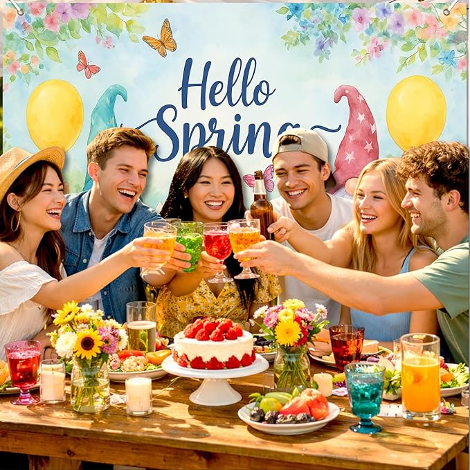 BlissYard Hello Spring Backdrop Cute Gnome Garden Scene Colorful Flowers Butterfly Fence Photo Booth Background Spring Party Home Decoration 8x6ft for Birthday Celebration Classroom Event Display