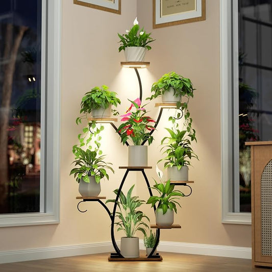 EVAWOO Plant Stand Indoor with Grow Lights - 58" Tall Plant Shelf Indoor, 8 Tiered Corner Lighted Plant Stand for Indoor Multiple Plants, Metal Flower Stands Display Rack for House, Patio, Black