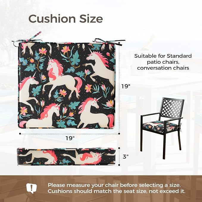UNIKOME Outdoor Chair Cushions Set of 4, Water Resistant Patio Seat Cushions with Ties for Outdoor Furniture, High-Density Foam, UV & Fade Resistant, Piped Edge – 19" x 19" x 3", Unicorn