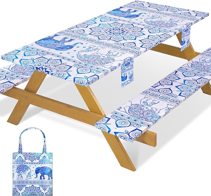 Fitted Waterproof Picnic Table Cover with Bench Covers Heavy Duty Elastic Outdoor Camping Tablecloth for 8 Foot Rectangle Tables Summer Rv Accessories Patio Garden Road Trip Essentials Gifts