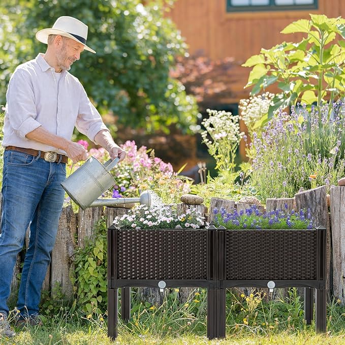HAPPYGRILL Outdoor Raised Garden Bed, 6 Raised Planter Box with Removable Legs & Brackets, Self-Watering System, Drainage Holes, Raised Beds for Gardening, Vegetables, Fruits, Flowers, Herbs