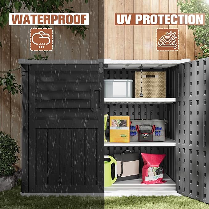 TUOZE 34 Cu Ft Resin Storage Shed, Waterproof Outdoor Storage Cabinet with Sloping Roof & Lockable Lid for Garden Tools, Trash Cans (Black)