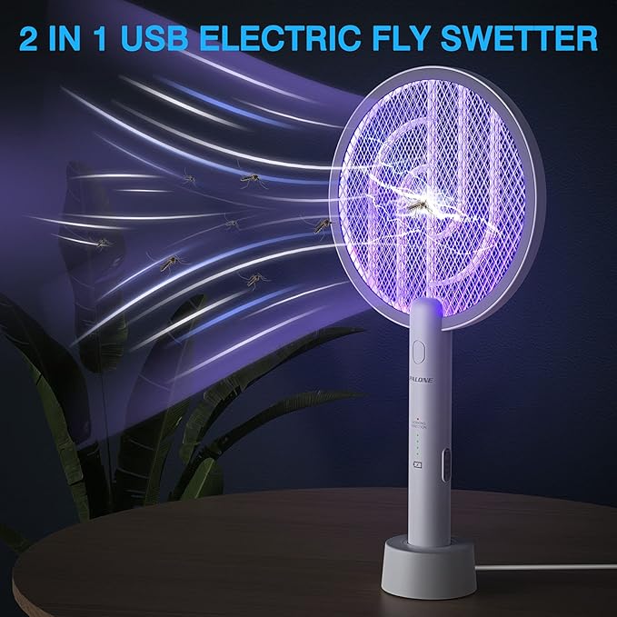PALONE Electric Fly Swatter 4000V Bug Zapper Racket, Dual Modes Mosquito Killer with Battery, Rechargeable Mosquito Killer Lamp with 3 Layers Safety Mesh for Indoor and Outdoor, White 1P