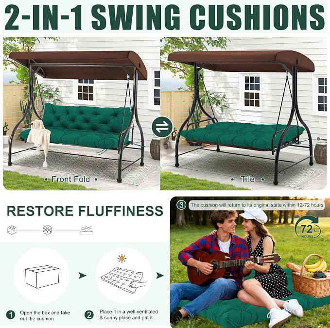 Porch Swing Cushions Outdoor 40 inch x 40 Waterproof Swing Cushions 3 Seater Replacement with Backrest & 8 Ties 5" Thick Bench Swing Cushions for Outdoor Furniture Patio(Dark Green)