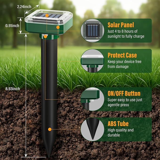Solar Powered Mole Repellent – Heavy Duty Burrowing Animal Control for Lawn Garden Pasture, Chases Away Moles Voles Shrews Unharmed, 7,500 sq ft Coverage