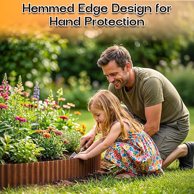 MTART Metal Garden Edging for Landscaping, Sturdy Corrugated Edging Border for DIY Flower Bed, Lawn and Landscape Edging (Rusty, 12"×20Ft)