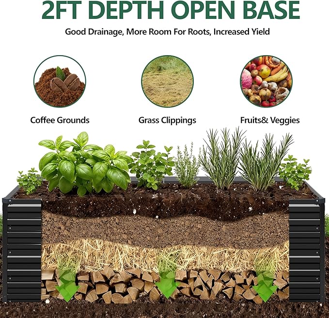 Vengarus 8x4x2FT Galvanized Raised Garden Bed Kit, Deep Root Planter Box Outdoor Large Planter Raised Beds for Planting Flowers,Vegetables and Herbs-Black