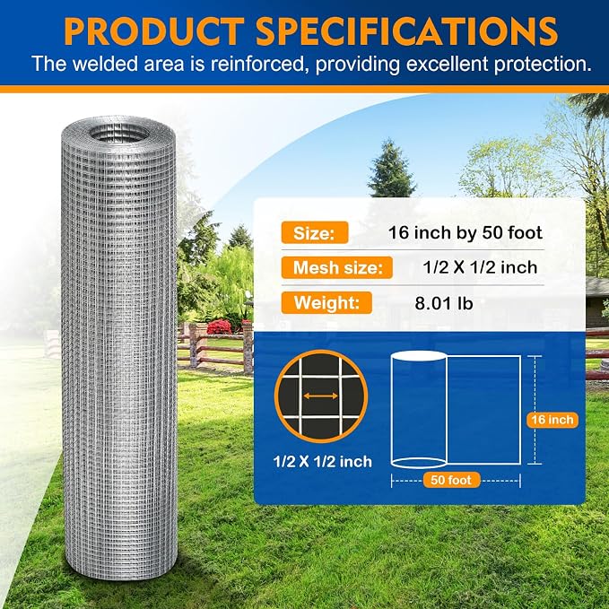 TUSON Black Hardware Cloth 1/2 inch 16 inch x 50 Foot 19 Gauge - Black Vinyl Coated Welded Wire Mesh Roll Chicken Wire Fencing Garden Fence Tree Guard Hardware Mesh Wire Fence Roll