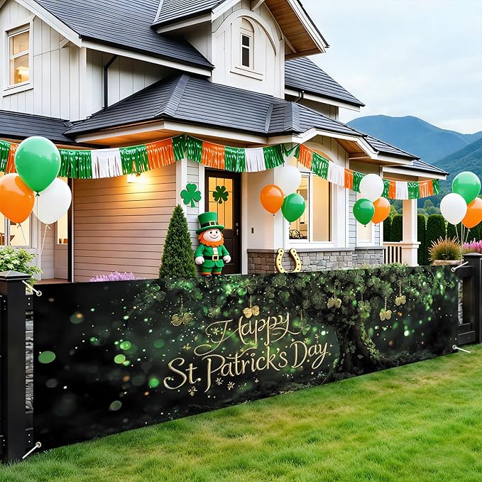 Happy St. Patrick’s Day Fence Banner 118 x 35 Inch, Large Waterproof Outdoor Irish Clover Tree Banner with Gold Script for Yard Porch Fence Party Decorations
