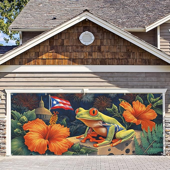 7 * 16FT Summer Puerto Rico Garage Door Cover Decorations Sunset Palm Trees Garage Door Banner for Outdoor Indoor Summer Party Photography Backdrop