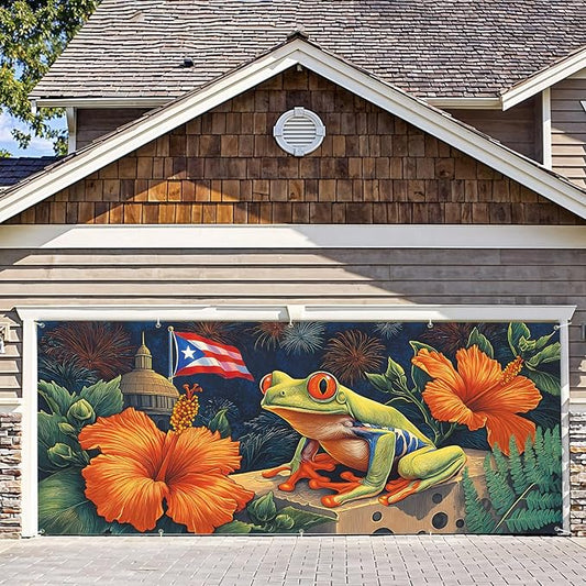 7 * 16FT Summer Puerto Rico Garage Door Cover Decorations Sunset Palm Trees Garage Door Banner for Outdoor Indoor Summer Party Photography Backdrop
