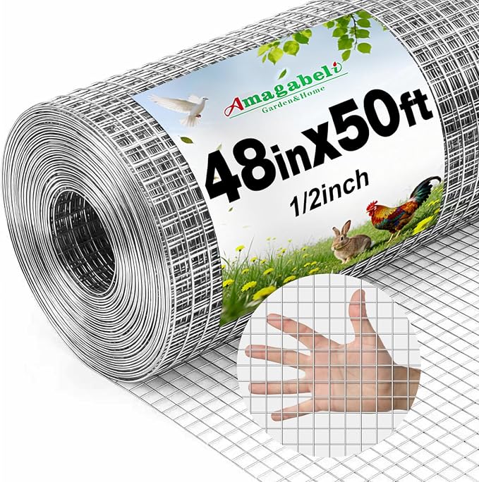 Amagabeli Galvanized Hardware Cloth 1/2 inch 48inx50ft 19 Gauge Chicken Wire Fence Welded Wire Mesh Roll Plant Supports Poultry Netting Garden Bed Animal Cage Snake Rabbit Wire Gopher Rodent Proof