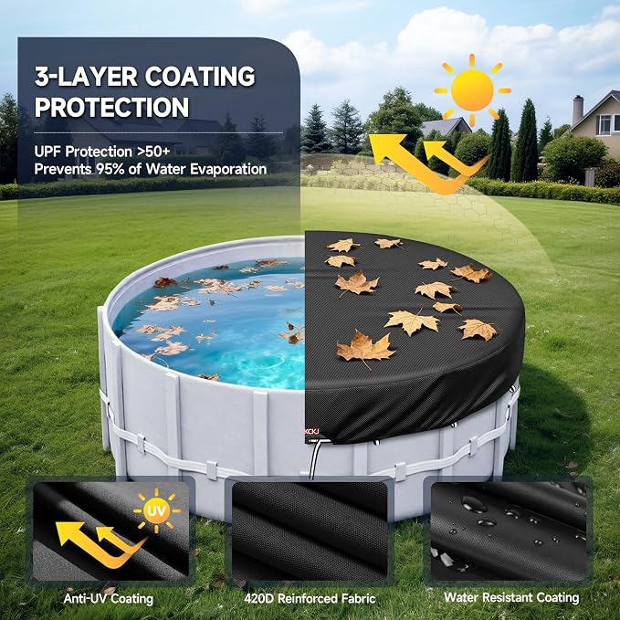 LXKCKJ 14 Ft Pool Cover for Above Ground Pool, Round 420D Solar Oxford Tarp | 100MPH Windproof with 2 Buckles and & Weight Rings, 634N Tear-Resistant, Waterproof 10000PA, UV Protection, Cuts Evaporation