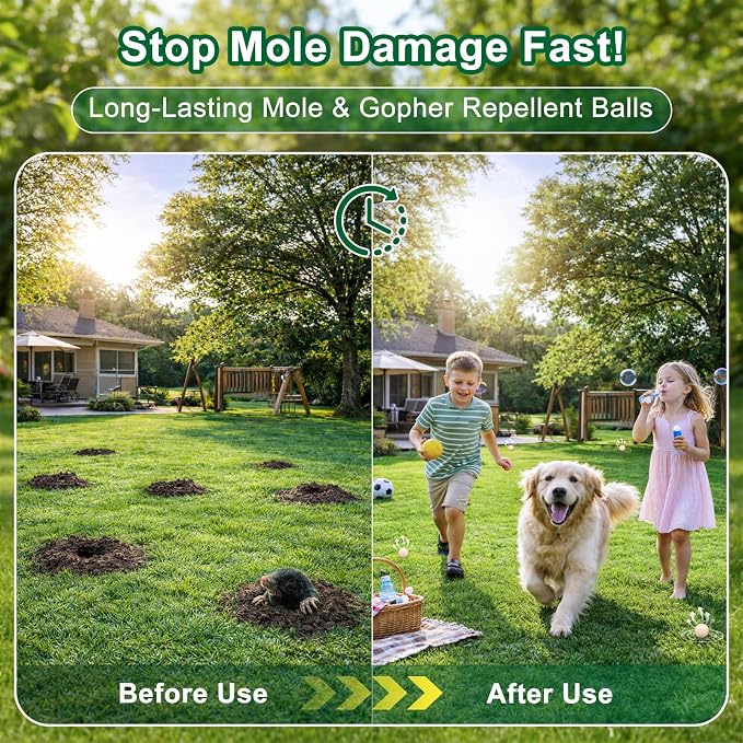 Mole Repellent for Lawns and Yard, Mole and Groundhog Repellent Outdoor, 12 Packs Natural Gopher Repellant Balls for Lawns, Gardens, Yards, Farms and Orchards, Safe for People and Pets