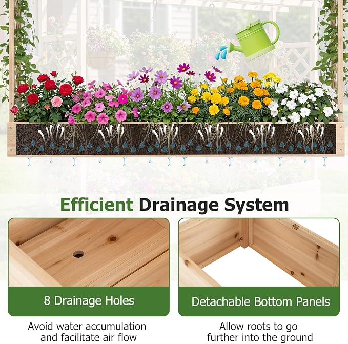 HAPPYGRILL Raised Garden Bed with Trellis, Freestanding 45" Wood Planter Box w/Hanging Roof & 8 Drainage Holes for Vine Climbing Plants Flowers, Outdoor Wood Elevated Garden Bed for Patio Yard