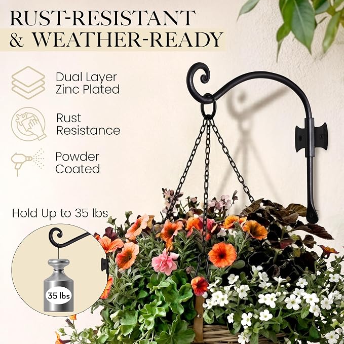 RTZEN Plant Hangers Outdoor or Indoor - Wrought Iron Metal Hanger Indoor Hook - Heavy Duty Wall Bracket Hooks for Hanging Plants Baskets Lanterns Bird Feeders - 2 Pack (Black Axe-Shape Hooks 10")