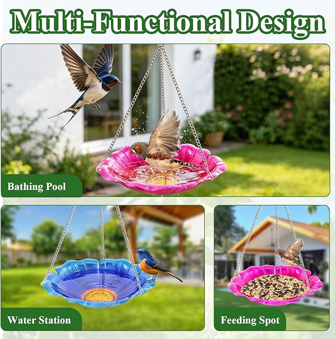 2 Pack Hanging Bird Bath for Outdoors, 11 Inch Metal Bird Feeder Water Bowl with Rust-Proof Stainless Steel Chains Flower Shape Hanging Birdbaths Feeder for Outside Garden Yard Patio Decor