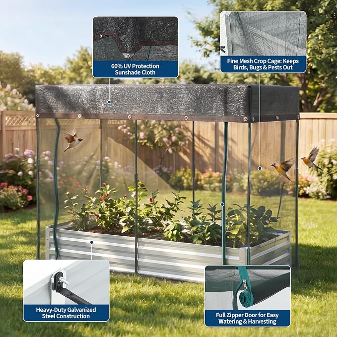 8x4x1Ft Galvanized Raised Garden Bed Kit w/Self Watering Irrigation & Mesh Cover, Metal Bottomless Raised Planter Box for Veggies Herbs Flowers, Rustproof Elevated Garden Bed Backyard Patio Farm