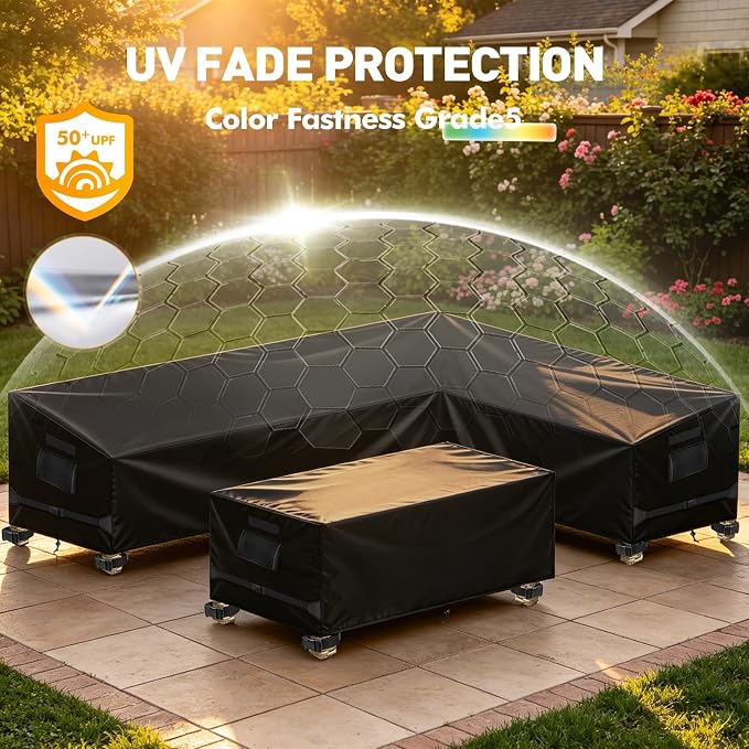 Outdoor 2PCS Patio Furniture Set Covers, 420D Patio L-shaped Sofa Cover and Table Cover Waterproof, Fit 6-Seater Outdoor Sectional Furniture Couch and Tables, Triple Windproof and Anti-UV, Black