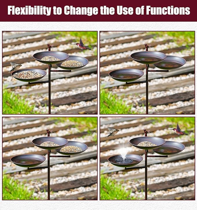 44" H Metal Bird Bath and Feeder for Outside, Standing Birdbaths with Cast Iron Bird, Vintage Birdfeeder for Outdoors with 4-Prong Stake Base for Garden Decor Yard Lawn, Red