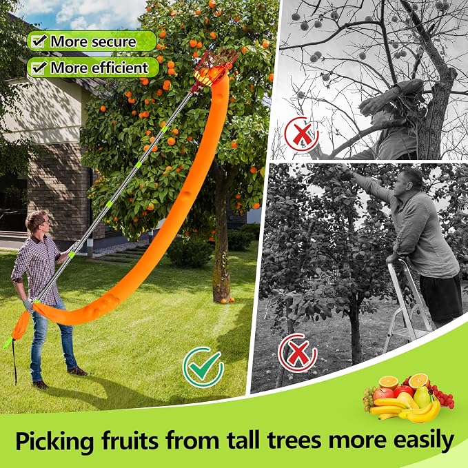 UQM 12.8FT Fruit Picker Pole with Basket Harvest Bag, 40-154 Inch Adjustable Length Apple Picker Pole with Basket, Portable Fruit Picker Basket for Apples Oranges Figs Mangoes Pears