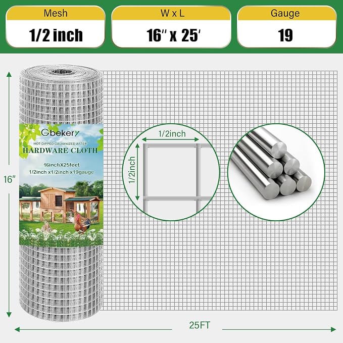Gbekery Hardware Cloth 1/2 inch 16in x 25ft 19 Gauge, Hot-dip Galvanized After Welding Chicken Wire Mesh Roll Garden Plant Welded Metal Wire Fencing Roll, Rabbit Cages Snake Fence
