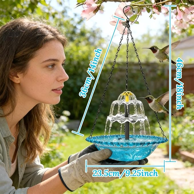 Hanging Solar Bird Bath Fountain - 3 Layers Outdoor Hanging Bird Bath with Solar Fountain, Hanging Bird Bath with Flowing Water for Outdoors Patio Backyard Lawn Garden Decor (Blue)