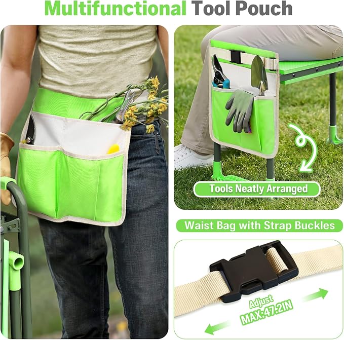 Garden Kneeler and Seat Heavy Duty, Foldable Gardening Stool Bench with Widened Thick Soft Kneeling Pad and Tool Pouches - 2-in-1 Portable Kneeling Device for Seniors (Green)