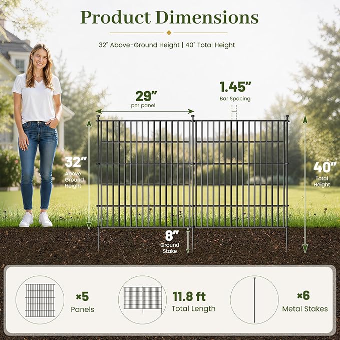 5 Panels No Dig Decorative Outdoor Garden Fence for Yard, 32 in(H) X 11.8 ft(L) Animal Barrier Fencing Rustproof Metal Wire Panel Border for Dog, Rabbits, and Patio Temporary Ground Stakes