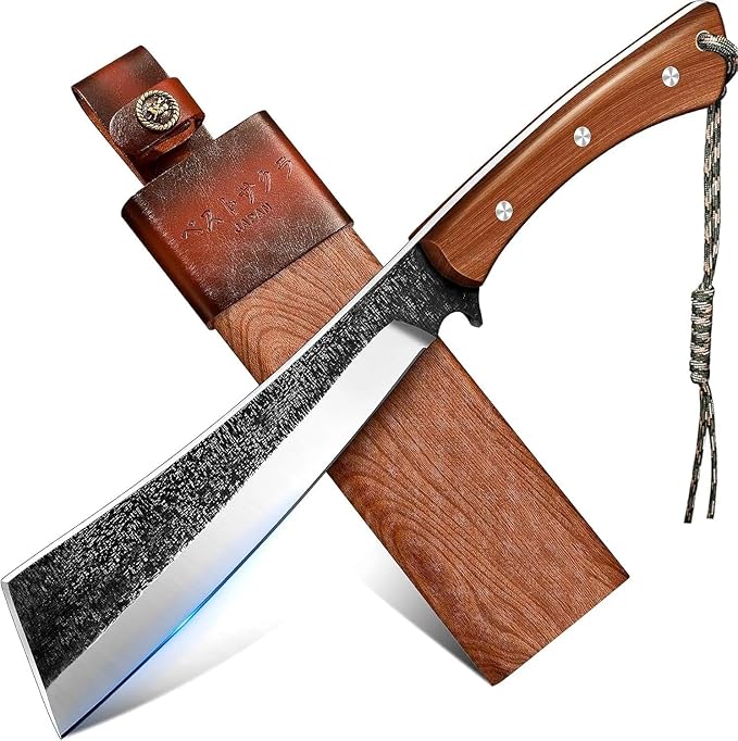 Freelander Japanese Style High Carbon Steel Machete with Red Sandalwood Ergonomic Full Tang Handle and Wood-Leather Sheath, for Camping, Hiking, Yard Work, and Survival, Gifts for Men Women