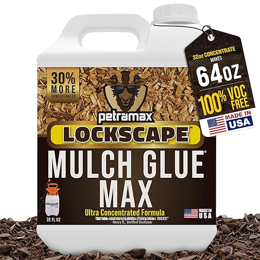 Petra Max Lockscape Mulch Glue for Landscaping -32 Oz - Strongest 3X Concentrated - Pet Safe Lockdown Sticky Mulch and Rock Glue for Pea Gravel 100% Permeable Binder Spray for Pine Straw, Wood Chips