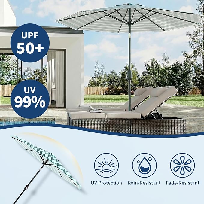 Garvee 10FT Outdoor Patio Umbrella 8 Sturdy Ribs Outdoor Table Umbrella with Crank Lift & Push Button Tilt UV Protection Waterproof Market Umbrellas for Pool Deck Yard, Turquoise & White Stripes