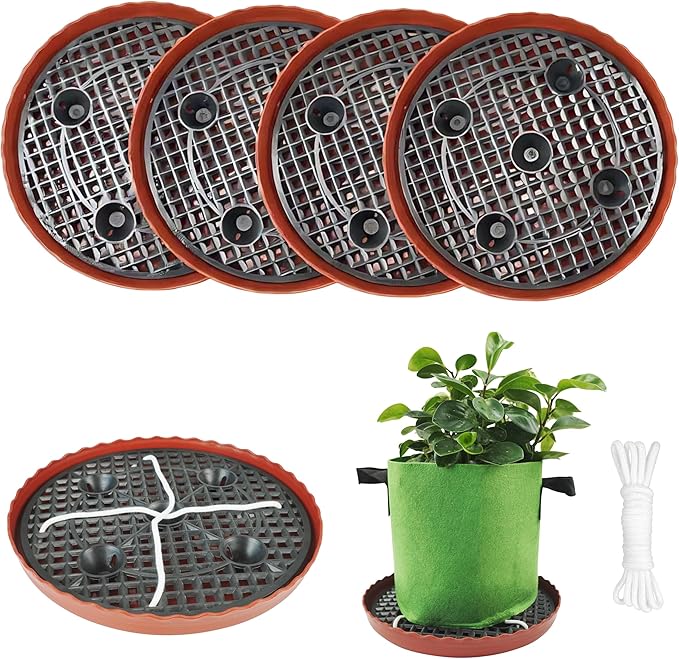 4 Pack 12.6 inch Self Watering Base for 1-5 Gallon Fabric Pot, Automatic Watering Tray System for Non-woven Grow Bag, Plastic Elevated Plant Flower Saucer Stand Growth Tent Greenhouse Indoor Outdoor