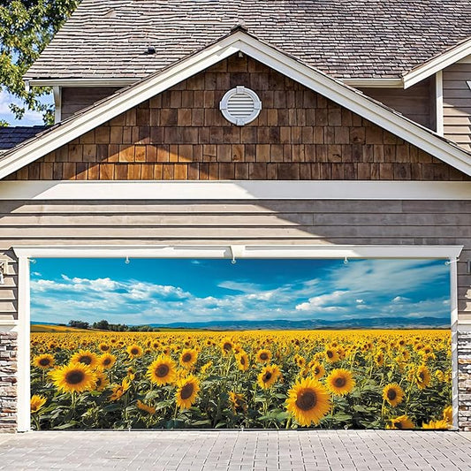 7 * 16FT Summer Garage Door Cover Decorations Sunset Palm Trees Garage Door Banner for Outdoor Indoor Summer Party Photography Backdrop (sunflower, 7 * 16 ft)