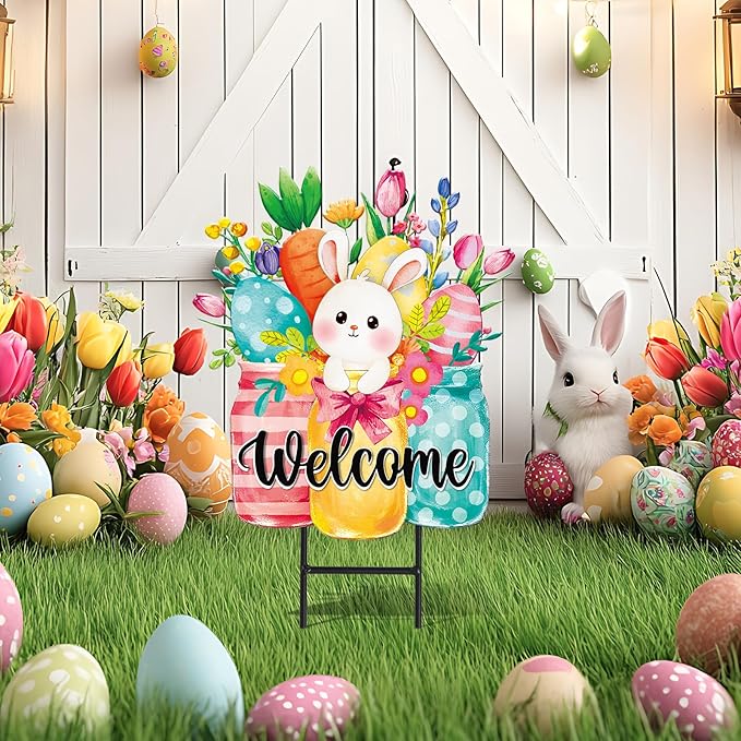 JarThenaAMCS Easter Metal Garden Stake Welcome Yard Sign Watercolor Bunny Rabbit Vase Decorative Lawn Sign for Spring Home Outside Lawn Porch Walkway Pathway