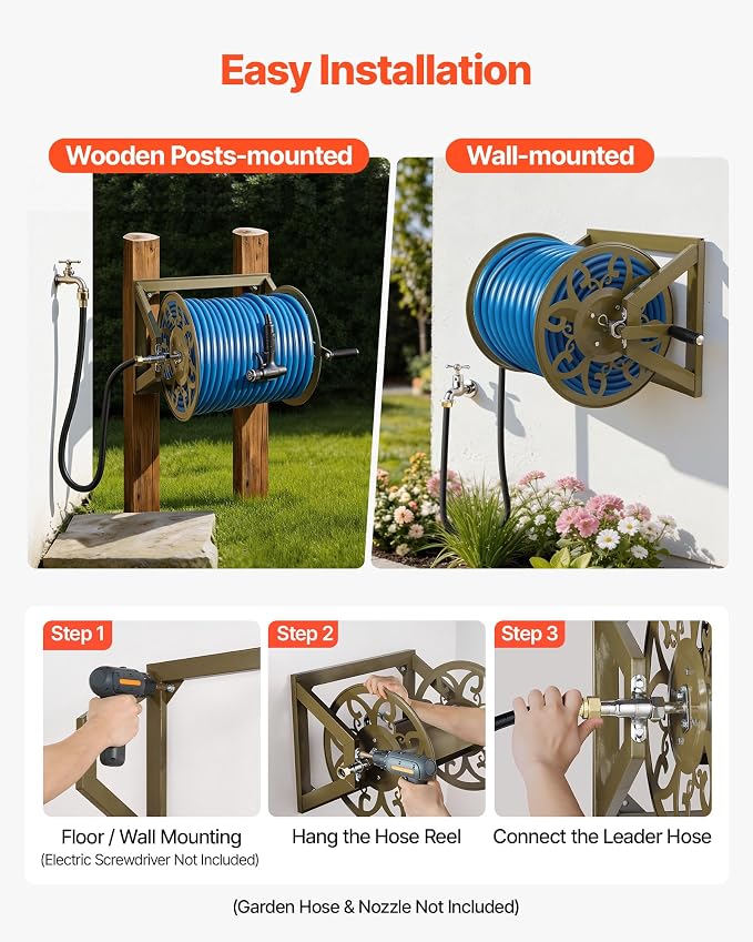VEVOR Wall Mounted Garden Hose Reel, Holds 200 Feet of 5/8-inch Hose, Outdoor Heavy-Duty Waterhose Holder Winder, with Brass Connector, Decorative Pattern, Bronze Finish, for Backyards and Gardens