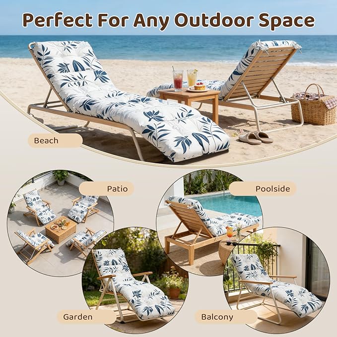 Waterproof Outdoor Lounge Chair Cushions 74.8 x 22 x 4.7 Inches，Chaise Lounge Chair Cushions Replacement for Outdoor Furniture with Ties, Thickened Patio Pool Bench Lounge Chair Cushions