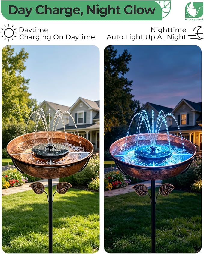 Metal Bird Bath with Solar Fountain - 13" Outdoor Birdbath Bowl + 6.3" Solar Pump with Battery LED Lights & with 4 Fixed Rods | Garden Bird Bath for Yard, Lawn, Patio, Flowing Water Feature