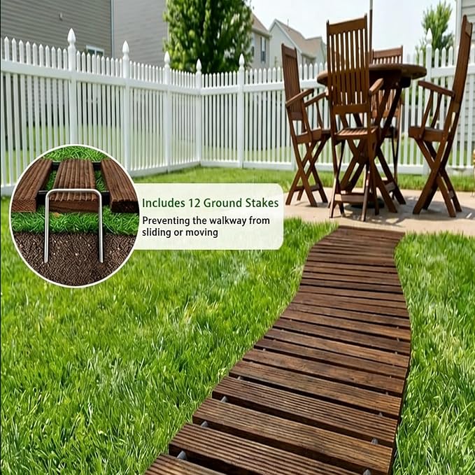 Wooden Garden Pathway Outdoor Walkway - 12 FT Roll Out Outdoor Pathway with Ground Stakes, Boardwalk Pavers for Outside Walkway, Non-Slip Garden Path for Backyard Decor, Lawn Landscaping, Brown
